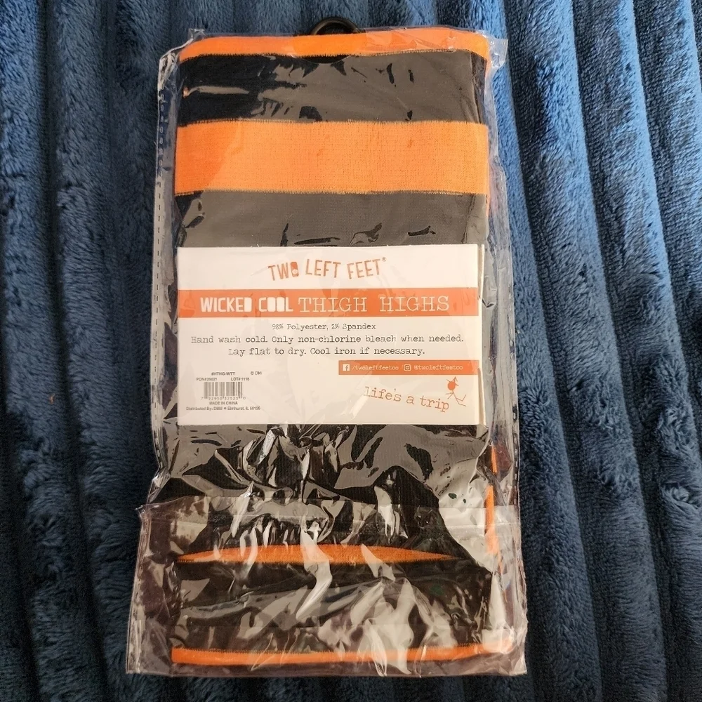 NWT Two Left Feet Wicked Cool Thigh Highs Orange Black Striped Halloween Tights